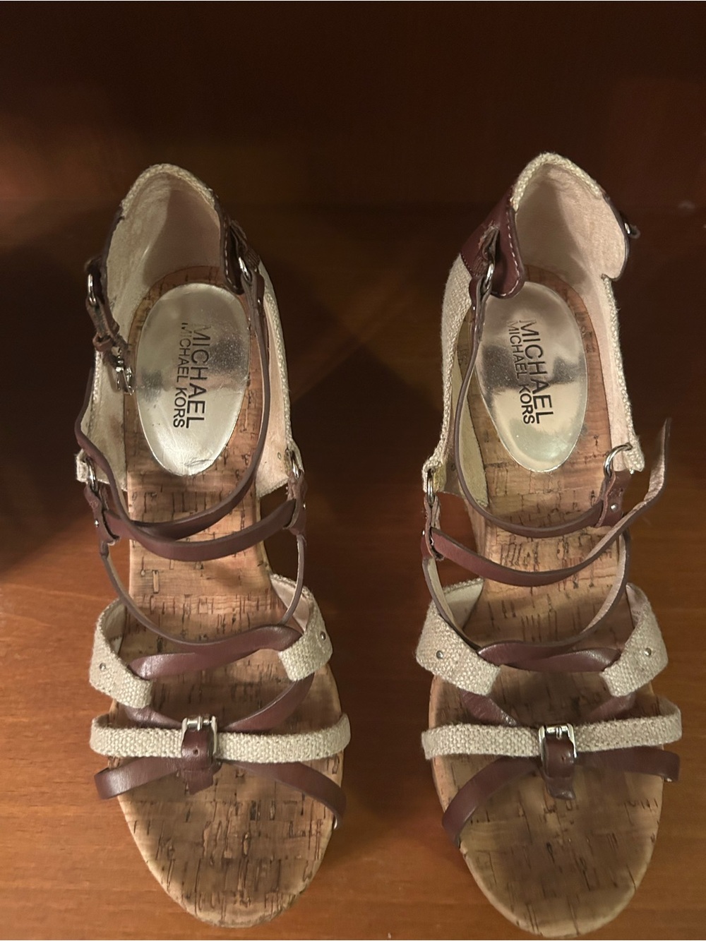 MICHAEL Michael Kors Brown and Cream Strappy Cork Wedge Sandals